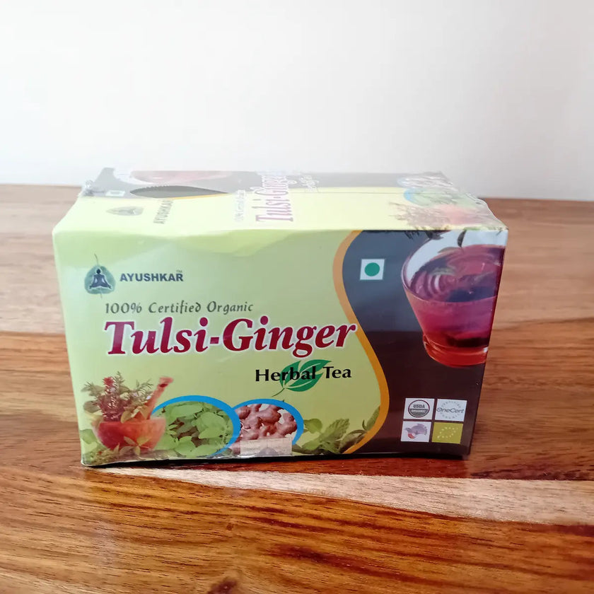 Tisane ayurvédique Tulsi-gingembre vertus digestive infusion naturelle très bonne pour voie respiratoire apaisantes anti stresse soulage les nausées et les brulures d'estomac végétarienne relaxante sérénité purifie l esprit et le corps