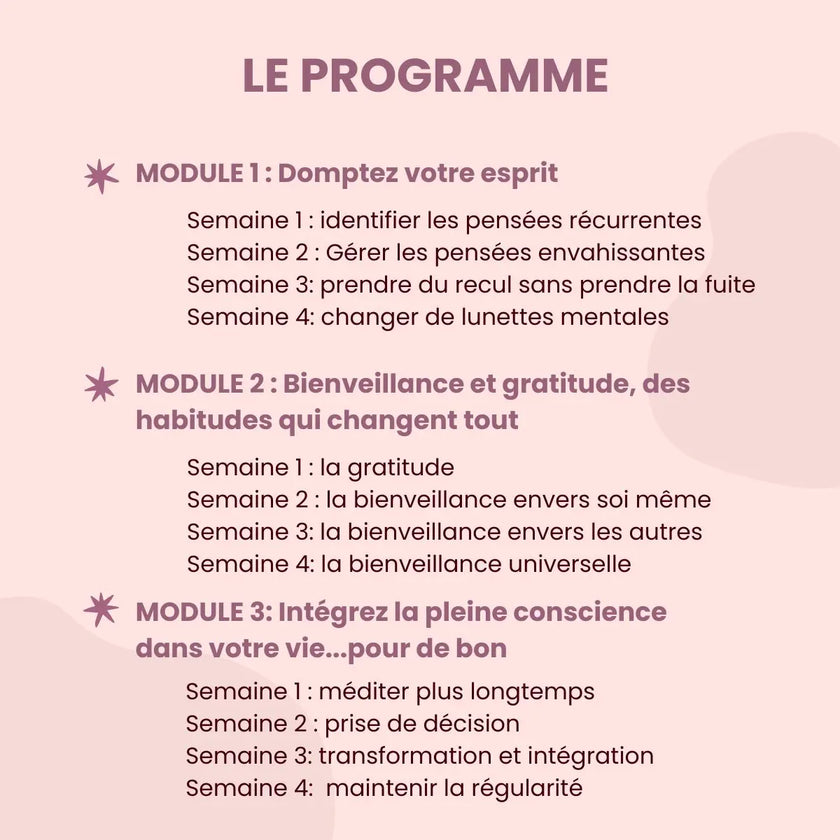 Ebook et formation pour apprendre la méditation de pleine conscience méditer au quotidien pour débutants nuls anti stress burn out épuisement professionnel perte concentration gestion des émotions méditation facile MBSR TCC, prise de recul, savoir relativiser, thérapie comportementale et cognitive, psychologie positive