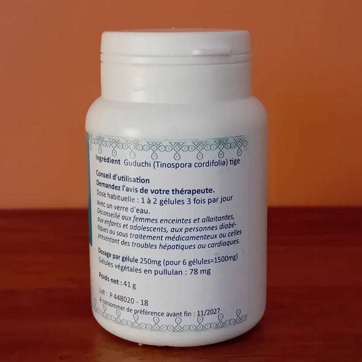 Guduchi, complement alimentaire ayurvedique, anti microbien, anti inflammatoire, aide à apaiser la fièvre et les infections et aide à réguler le taux de sucre dans le sang, renforce les défenses naturelles de l organisme 