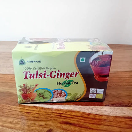 Tisane ayurvédique Tulsi-gingembre vertus digestive infusion naturelle très bonne pour voie respiratoire apaisantes anti stresse soulage les nausées et les brulures d'estomac végétarienne relaxante sérénité purifie l esprit et le corps 