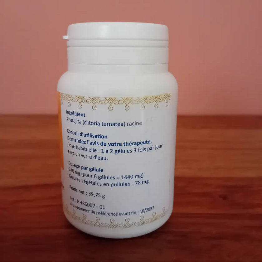 aparajita, clitoria, ternatea, complément alimentaire ayurvédique, antiinflammatoire, antistress, antidépresseur, aide à améliorer la mémoire, bon pour e foie