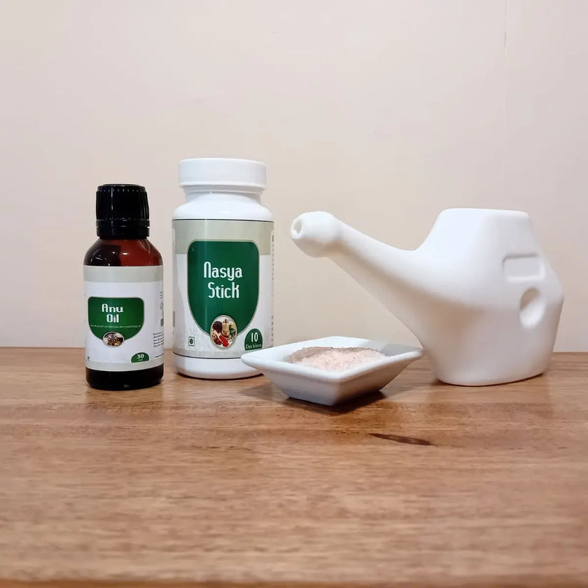 kit de nettoyage pour le nez anu oil nasya stick jala neti pot sel himalaya  allergie pollens rhinite nez bouché rhinopharyngite rhume sinusite douleur troubles nasaux sinus sommeil calme maux de tête voies respiratoires soin hygiène produit ayurvedique