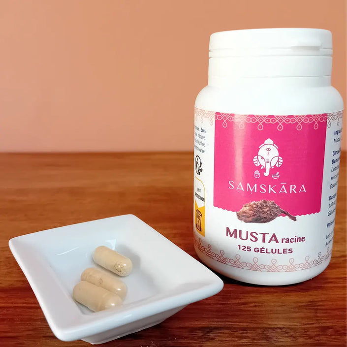 Complément alimentaire ayurvédique, musta, cypernus rotundus, aide la digestion, évite les gaz et les ballonnements, aide les cycles menstruels, régime végétariens et végans, bien faits 